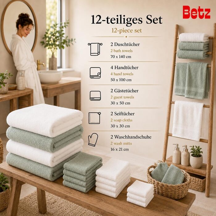 Набір рушників Betz Premium 12 предметів, 100% бавовна, Oeko-TEX, 470 г/м², колір сіно-зелений/ялиновий