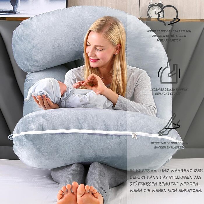 Подушка для вагітних CALIYO J-подібної форми, XXL, для сну на боці, з бавовняною підкладкою (180x70 см, блакитно-сіра)