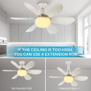 OKYUK Стеля-вентилятор з підсвічуванням, тихий, з пультом керування, регулювання кольору, E26/E27, 48 см, білий