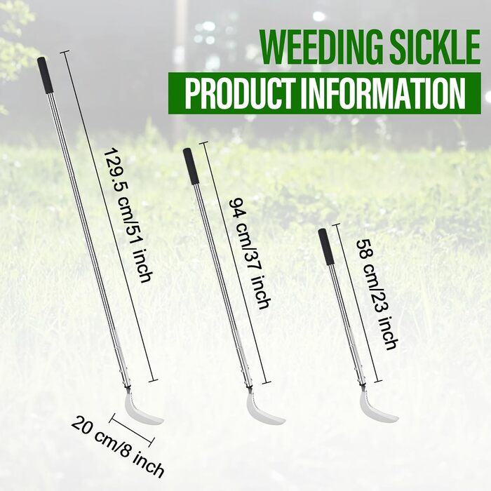 Weed scythe, steel grass scythe with serrated double-edged blade, telescopic grass grabber, stand-up weed scythe, lightweight scythe, garden tool, long handle for garden, yard