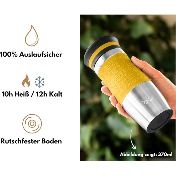 Термокружка Milu для кави з собою 370 мл, 450 мл, з нержавіючої сталі, подвійні стінки, ізоляція, без витоку, автокружка, термокружка, travel mug (Mango, 370 мл)