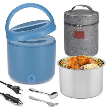 Електрична ланчбокс 80W для дорослих з термоізоляцією, нержавіюча сталь, набір виделки та ложки, 2 контейнери по 1.5л, 3-в-1, 12/24/110~230V, витокозахисний, для авто, вантажівки, офісу (блакитний 1.2л, євро-штекер)