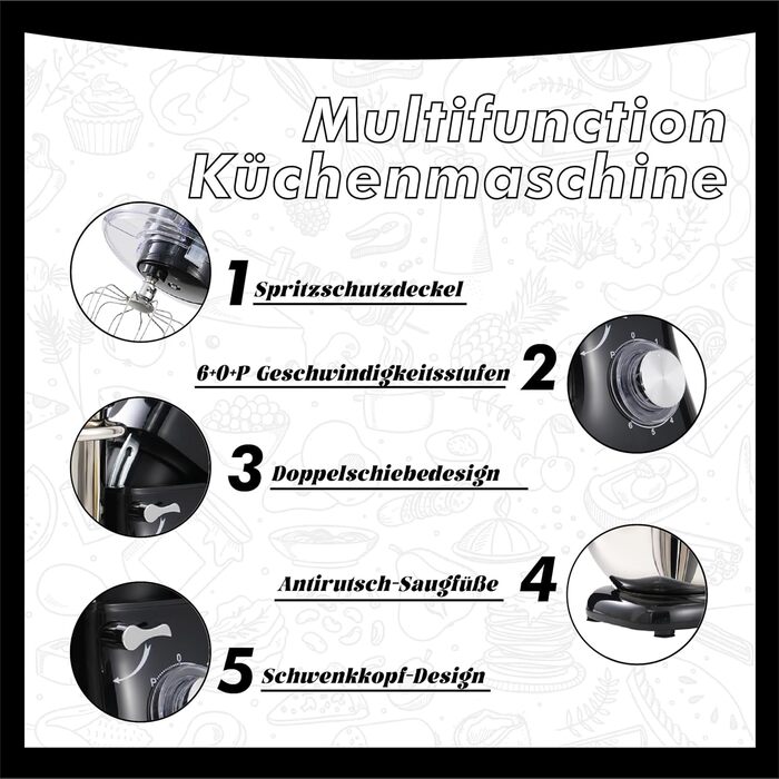 Кухонна машина Küchenmaschine 6.2 л, 1400 Вт, 6 швидкостей, з набором насадок (чорний)
