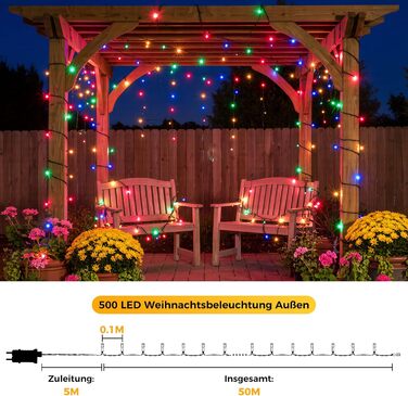 LED гірлянда для прикраси ялинки на вулиці та в приміщенні, 5 метрів, 150 LED, тепле біле світло, таймер, пульт, 8 режимів, для балкона, саду, вечірки