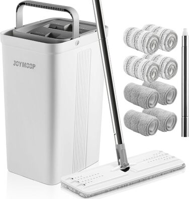 JOYMOOP Wischmopp та відро з віджимачем, безконтактний плоский швабр, система прибирання підлоги, 3 мікрофібрових насадок, для вологого та сухого прибирання (відро #2124 + подовжений тримач + 8 насадок)
