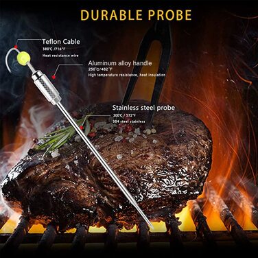 Uzone Wireless Meat Thermometer, Digital Bluetooth Thermometer with APP 100m Remote Monitoring, Grill Thermometer for Smoker Roasting BBQ Oven Thermometer, LCD Backlit Screen, 4 Probes (Probe)