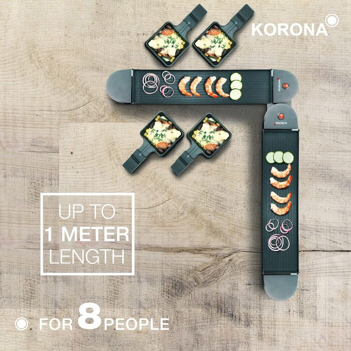 Електричний раклета-гриль Korona 45072 для 8 осіб, 2-в-1, 8 сковорідок і лопаток, антипригарні алюмінієві пластини, складаний корпус 90°/180°, довжина кабелю 2 м, чорний