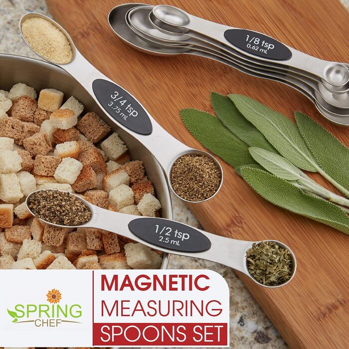 Набір магнітних мірних ложок Spring Chef, нержавіюча сталь, двосторонні, для спецій, срібний
