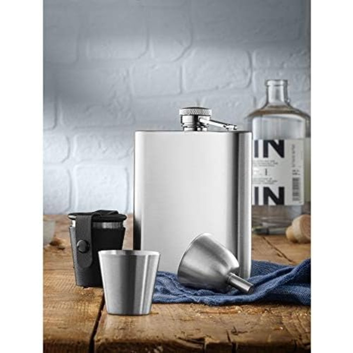 Фляга Manhattan WMF Cromargan® 6-частинна, 200 мл, з воронкою та штампом у шкіряному етолі, без гравіювання