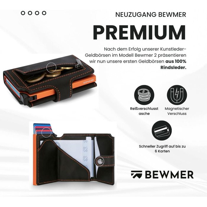 Шкіряний картхолдер BEWMER v2 з RFID-захистом та антиклонуванням, гаманець для чоловіків та жінок з монетницею та відділеннями для 9 карток, чорно-помаранчевий
