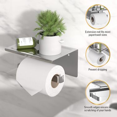 Тримач туалетного паперу HITSLAM без свердління, нержавіюча сталь з полицею, самоклеючий, для ванної кімнати
