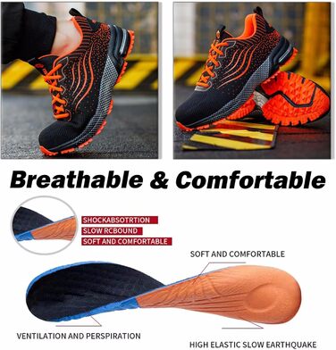 Черевики робочі чоловічі/жіночі, захисні, спортивні, з металевим носком, амортизація, неслизькі (45 EU, помаранчевий)