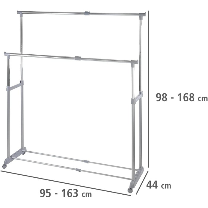 WENKO Clothes Rack, Folding, Clothes Storage with Adjustable Clothes Rod and Wheels, Plastic/Metal, 88 x 100-168 x 11-49 cm, Chrome/Grey (168 x 44 x 163 cm)