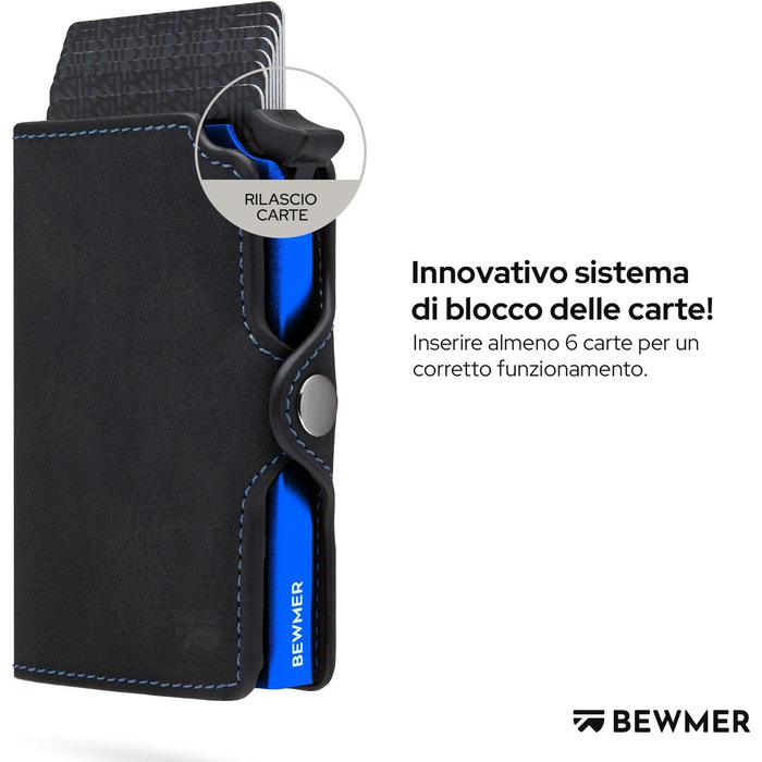 Картхолдер BEWMER 1 RFID захист, шкіряний гаманець для чоловіків та жінок, кліпса з карбону, чорний електросвітло-синій