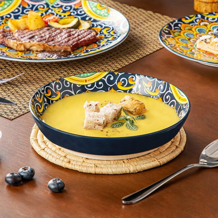 Tableware service for 6 people, vancasso simi 24-piece combination tableware set made of porcelain, dinnerware set with dinner plates, dessert plates, soup plates, and bowls, Bohemian style 24-piece tableware service