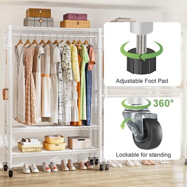 Вішалка для одягу на коліщатках металева з 3 штангами та полицею, біла 120x45x205 см
