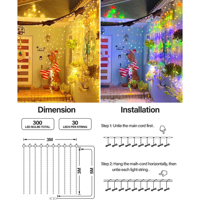 Ламповий фонтан 3x3м, 300 LED, USB, 8 режимів, пульт, IP65, для декору, свята, вечірки, тепле світло, мідний дріт