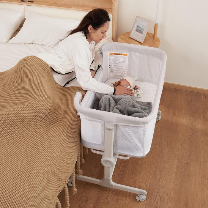 Ezebaby Bedside Sleeper, 2-in-1 Baby Bed from Birth up to 9 kg, Co-Sleeper with 7 Height Adjustments, Includes Mattress/Foldable Side Rail/Wheels, Mesh Fabric Crib (Dark Grey)