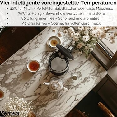 Електрочайник Ecosa® зі скляною колбою та регулюванням температури, 1,7 л, 2200 Вт, не містить BPA, з підігрівом та LED-підсвічуванням (Black Pearl)