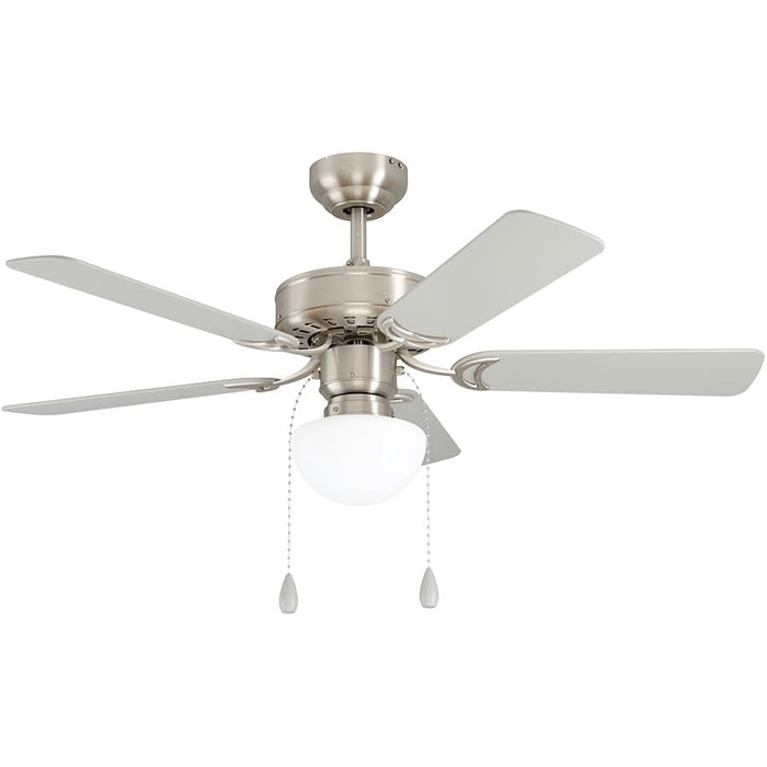 Стеляний вентилятор EGLO CADIZ з 5 лопатями, світлом, ланцюжком, лопаті з МДФ (срібло/дуб), корпус зі сталі (нікель-мат), літньо-зимовий режим, AC двигун, діаметр 106.6 см