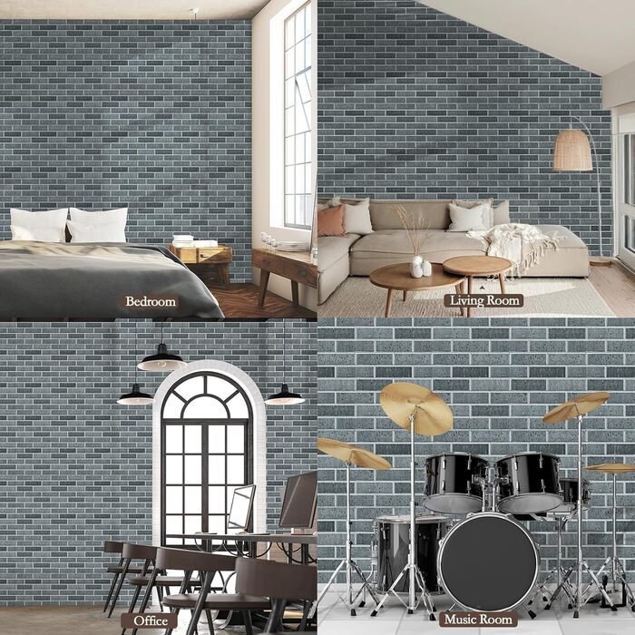 Акустичні панелі JBER самоклейні для звукоізоляції, шумопоглинаючі стінові панелі «цегляний» для студії, геймерської кімнати та офісу, 30x30x1 см, 12 шт, колір чорний крейда