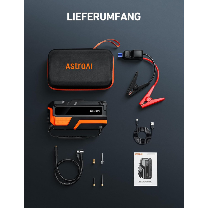 AstroAI MF16 6000A Powerbank для старту авто з компресором 150 PSI, 6000A, 12V, для бензинових/дизельних авто, мотоциклів, SUV, з LED-дисплеєм, помаранчевий