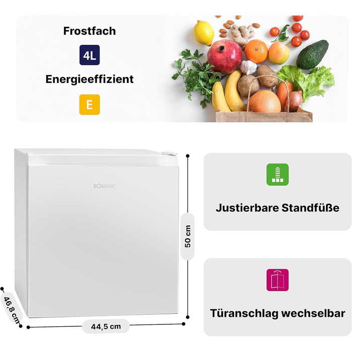 Міні-холодильник Bomann 45L з морозильною камерою: тиха кухонна/офісна/кемпінгова/геймінгова кухонна коробка, двері відкриваються зліва/справа, модель KB 7245, нержавіюча сталь (білий)