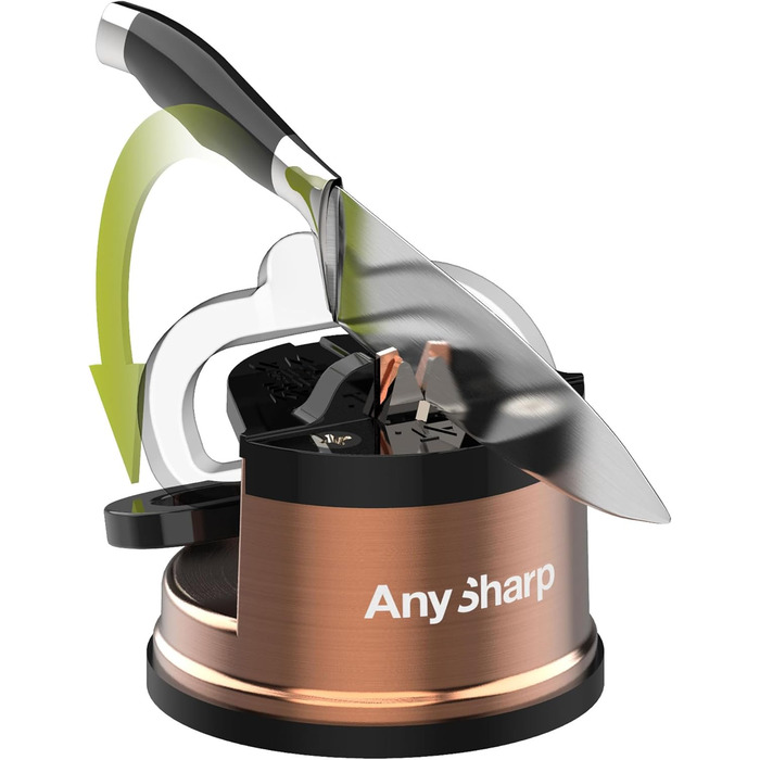 AnySharp Pro металевий точильник для ножів з фіксацією PowerGrip, універсальний для всіх кухонних ножів (зубчасті, з гартованої сталі), найкраща якість, мідний метал