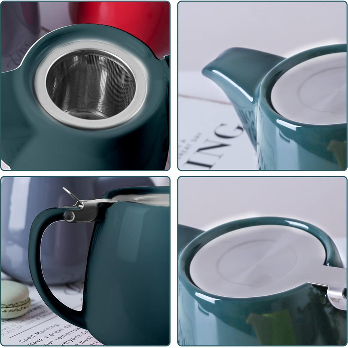 VIVILINEN Porcelain Teapot Ceramic Handmade 18/8 Stainless Steel Infuser Stainless Steel Fine Mesh Infuser with Filter (Green)