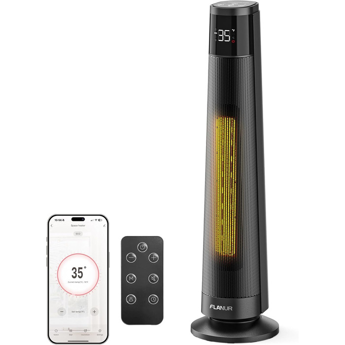 Електричний обігрівач PTC 2000W з керамічним нагрівачем, тихий, з термостатом та пультом керування, ECO режим, 70° осциляція, 12h таймер, захист від перегріву та перекидання, чорний, 1 шт.