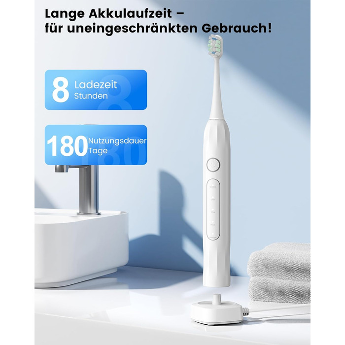 Електрична зубна щітка зі звуковими вібраціями, 5 режимів, таймер 30с, для відбілювання зубів за 2 тижні, 8 змінних насадок з м'якою 3D-щіткою, IPX7, 8 насадок