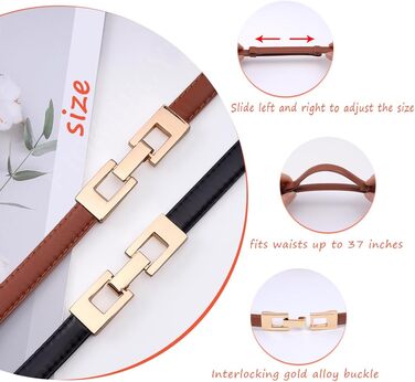 2 жіночі шкіряні ремені Skinny: чорний + білий (чорний + коричневий). Вузький тасьовий ремінь з золотою пряжкою для суконь та пальто.