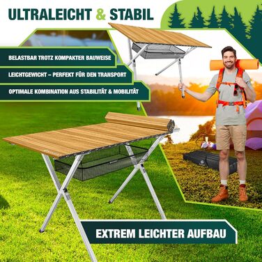 Складний кемпінговий стіл KESSER® 120x70 см з алюмінієвим каркасом та стільницею під дерево, до 100 кг, з сумкою для транспортування