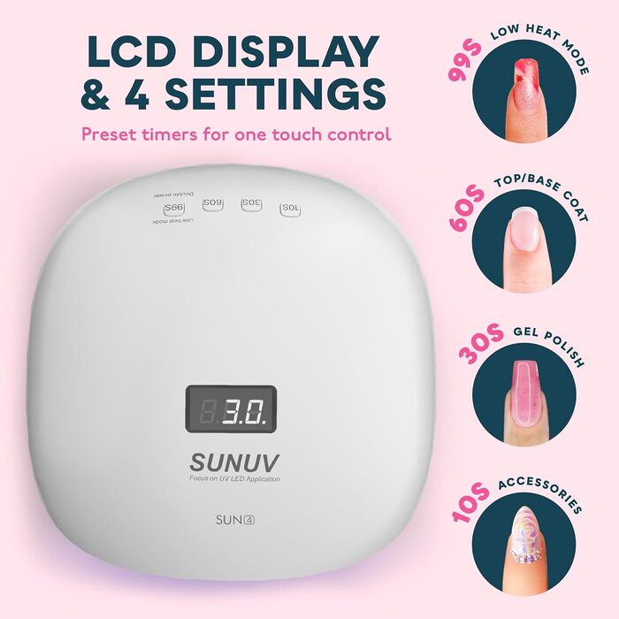 Лампа SUNUV для гель-лаку UV LED, сушарка для нігтів з 4 таймерами, LCD дисплеєм, інфрачервовим сенсором та подвійною швидкістю сушіння, колір Rose (чорний)