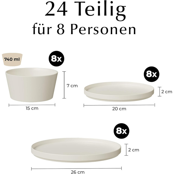 Набір посуду Miamio на 8 осіб (24 шт.) з кераміки. Сучасний та елегантний сервіз для столу. Можна мити в посудомийній машині та використовувати в мікрохвильовій печі. Білий колір.