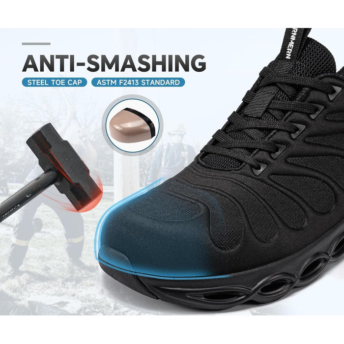 Черевики робочі з металевим підноском LARNMERN для чоловіків та жінок. Легкі, комфортні, кольорові, розмір 42.5 EU, чорний.