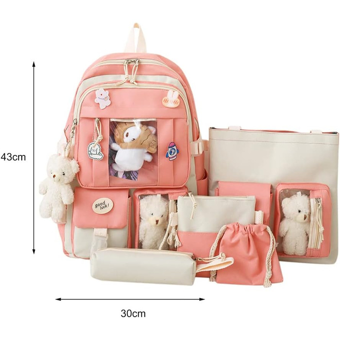 Японський рюкзак Kawaii з милим аксесуаром, 5-ти частинний набір, великий рюкзак Harajuku з брезенту, трендовий рюкзак для школи, коледжу, подорожей, з нашивками, для дівчат (рожевий)