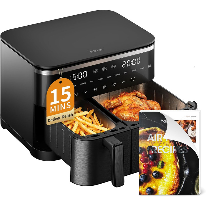 Електрична фритюрниця повітряна 11л, 2 камери з грилем, 10-в-1, без олії, з нагадуванням про струшування <60дБ, з антипригарним покриттям, 78 рецептів