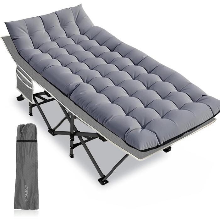 Розкладне ліжко для кемпінгу DRMOIS: велике (XXL), 81 см, вантажопідйомність 400 кг, з ізольованим килимком, сіре