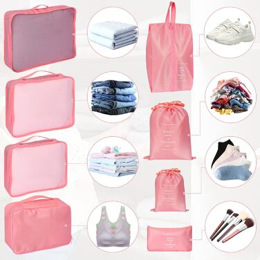 Органайзер для валізи Zorplex, набір 10 шт: кубики для пакування, аксесуари для подорожей, сумочки для одягу, взуття та косметики (рожевий)