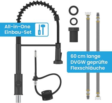 Кухонний змішувач Bächlein Nedo – поворотний на 360°, матовий чорний, з нержавіючої сталі, з гнуким виливом та висувною лійкою, для кухні