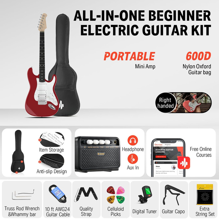 Електрогітара Donner 39 дюймів (праворука) з комплектом: підсилювач, чохол, каподастр, ремінь, струни, тюнер, кабель та медіатори (червоний) DST100-Rot