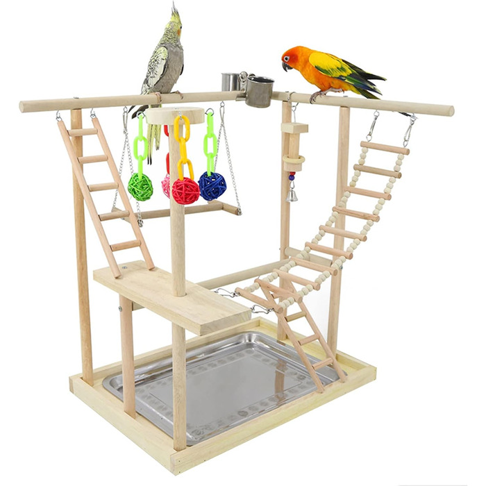 Bird Playground, parakeet toys, bird play stand, bird gym, bird accessories, climbing frame ladder, running cage with feeder cups, tray, swing for budgies, canaries, parakeets, and other birds (#6)