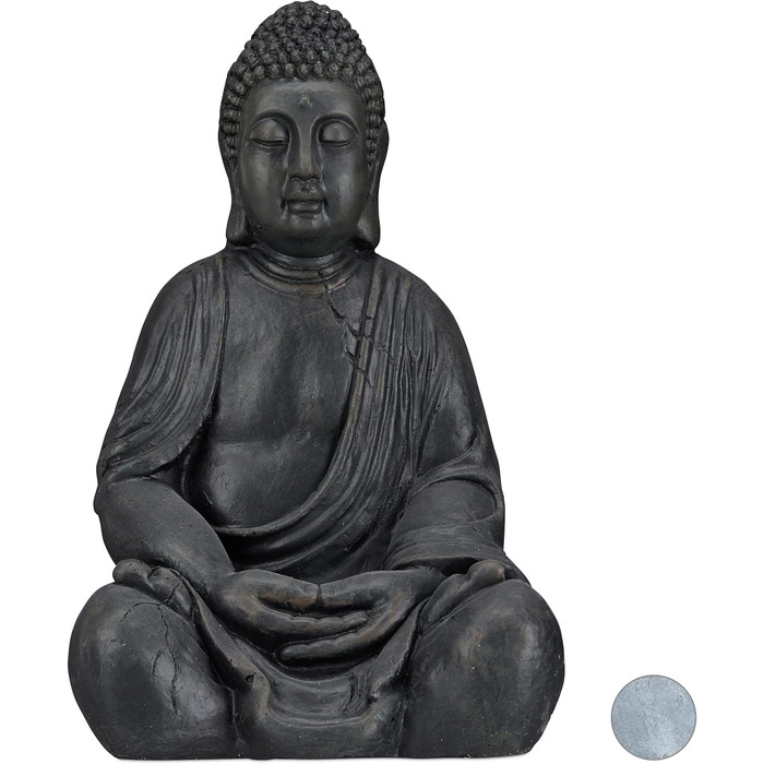 Relaxdays XL Buddha Figure Sitting, 50 cm tall, Feng Shui, Outdoor, Garden Decoration Figure, Large Zen Buddha Statue (Dark Grey)