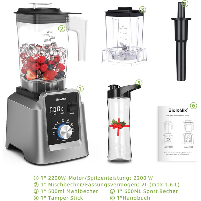 BioloMix High-Performance Blender 2200W, Self-Cleaning Function, Stand Mixer 2L Container and 600 ml Travel Cup BPA Free. Smoothie Mixer (T5600, Grey) T5600 Grey
