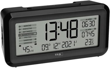 TFA Dostmann Digital Radio Alarm Clock BOXX2, 60.2562.01, German display, 2 alarm times, room climate monitoring, with weekday, with battery, black, (L) 138 x (W) 52 x (H) 72 mm