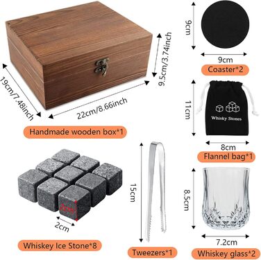 Набір для віскі з каменями, 8 каменів, 2 склянки 200 мл, 2 підставки, дерев'яна коробка, оксамитовий мішечок, пінцет. Подарункова коробка для чоловіків