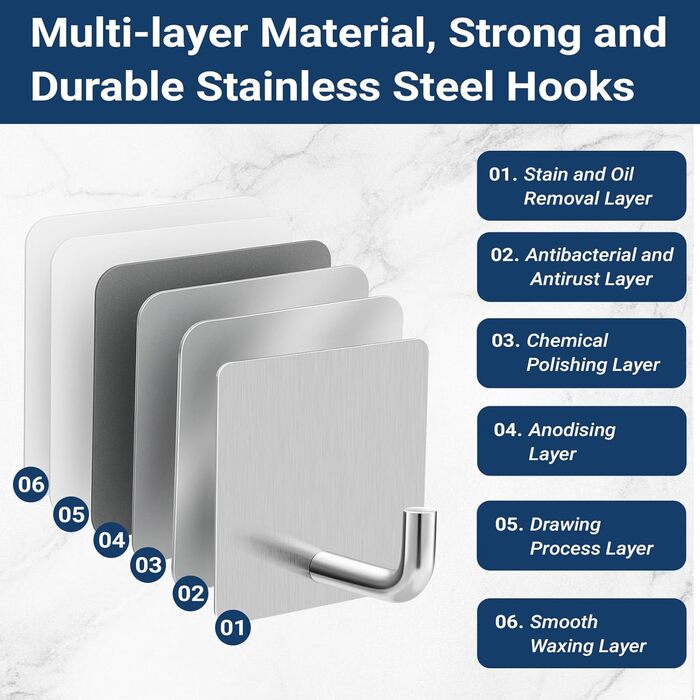 Набір гачків для рушників без свердління 6 шт. з нержавіючої сталі для ванної кімнати та кухні, самоклеючі, до 10 кг, вологостійкі, срібні
