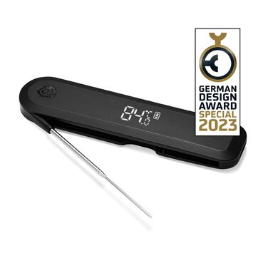Burnhard Instant-Read Thermometer, Folding, Grill Thermometer + Leather Protective Case, Roast Thermometer, Ultra-Fast Measurement, 1.5mm Probe, 180° Invisible-Off LED Display, USB Rechargeable