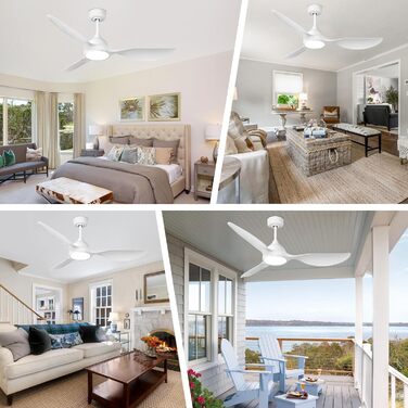 Стеляний вентилятор Reiga з підсвічуванням та пультом дистанційного керування 132 см, тихий реверсивний двигун, 6 швидкостей, таймер, регульована яскравість та 3 колірні температури, світло-коричневі лопаті (білий, з пультом)